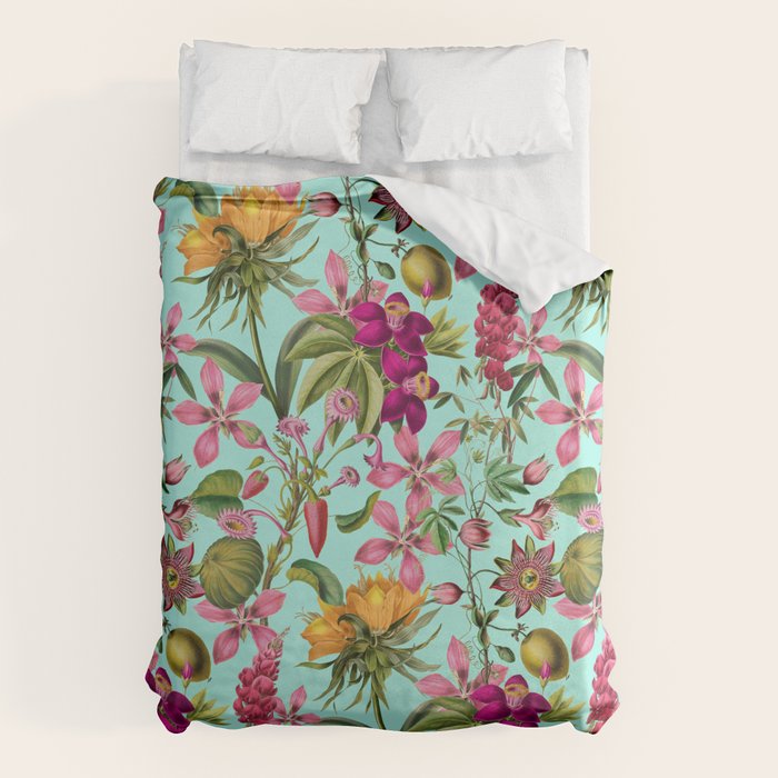 Tropical Bloom Serenade Exotic Floral Pattern Vintage Botanical Vibes Turquoise Duvet Cover Gallery Image 1