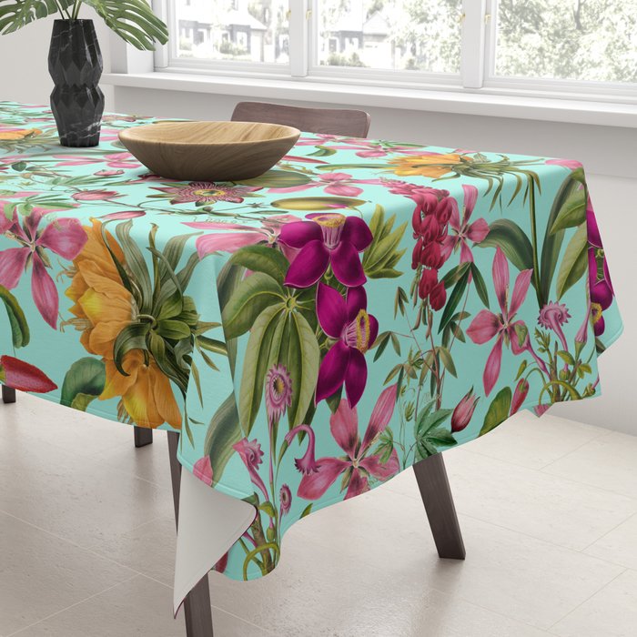 Tropical Bloom Serenade Exotic Floral Pattern Vintage Botanical Vibes Turquoise Tablecloth Gallery Image 3