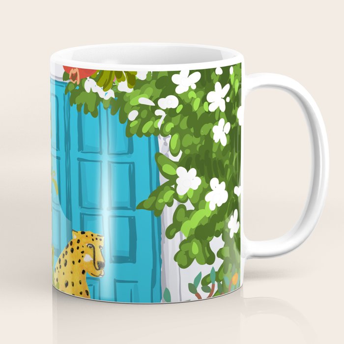 Cheetah Villa Architecture, Tropical Greece Jungle Animals, Botanical White Building & Boho Leopard Coffee Mug Gallery Image 1