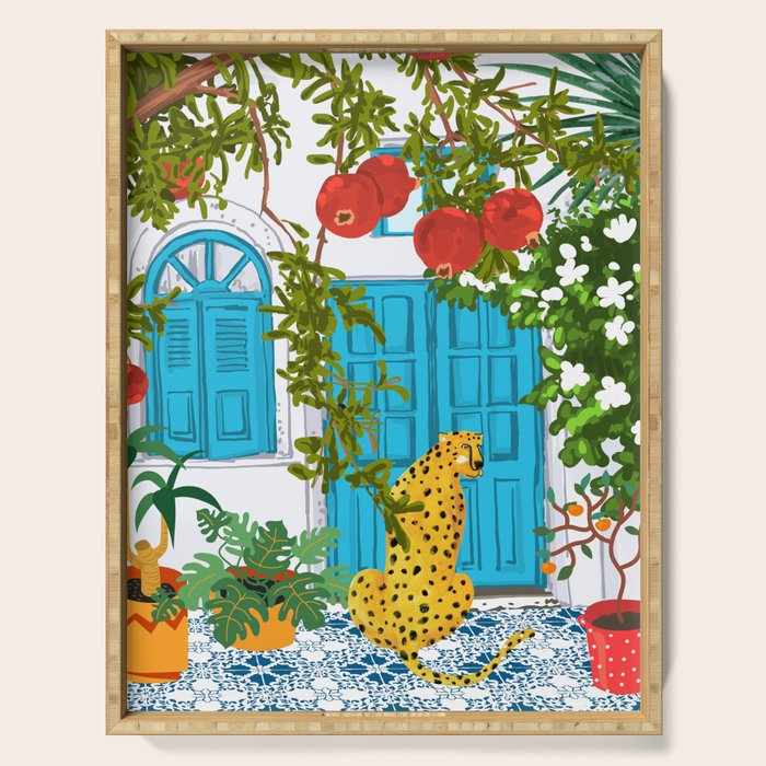 Cheetah Villa Architecture, Tropical Greece Jungle Animals, Botanical White Building & Boho Leopard Serving Tray Gallery Image 1