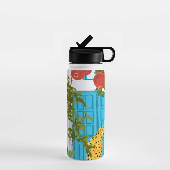 Cheetah Villa Architecture, Tropical Greece Jungle Animals, Botanical White Building & Boho Leopard Water Bottle Gallery Image 1