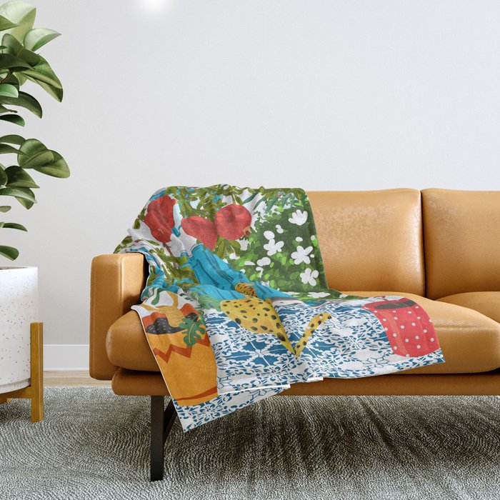 Cheetah Villa Architecture, Tropical Greece Jungle Animals, Botanical White Building & Boho Leopard Throw Blanket Gallery Image 1