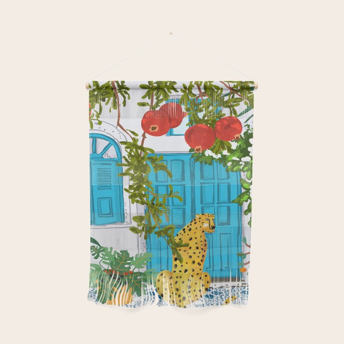 Cheetah Villa Architecture, Tropical Greece Jungle Animals, Botanical White Building & Boho Leopard Wall Hanging Gallery Image 1