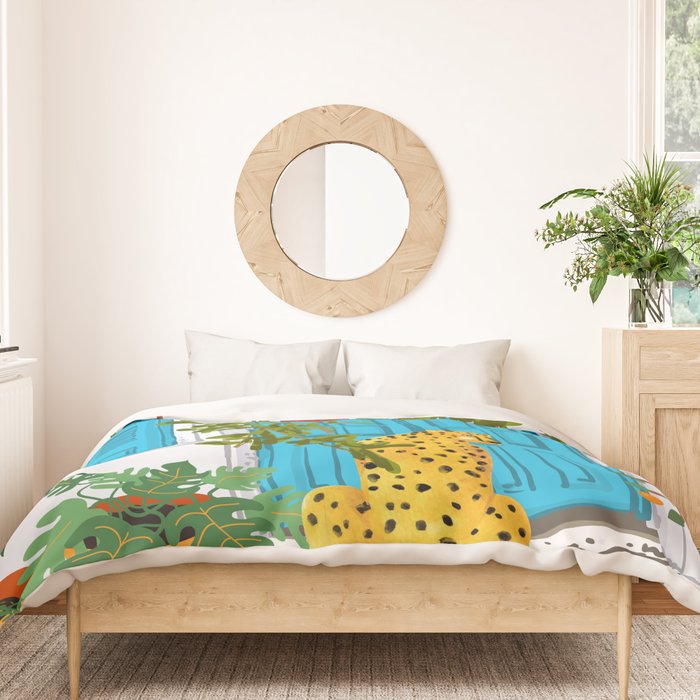 Cheetah Villa Architecture, Tropical Greece Jungle Animals, Botanical White Building & Boho Leopard Duvet Cover Gallery Image 3