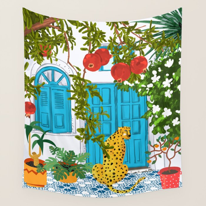 Cheetah Villa Architecture, Tropical Greece Jungle Animals, Botanical White Building & Boho Leopard Wall Tapestry Gallery Image 4