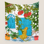 Cheetah Villa Architecture, Tropical Greece Jungle Animals, Botanical White Building & Boho Leopard Wall Tapestry Gallery Image 4