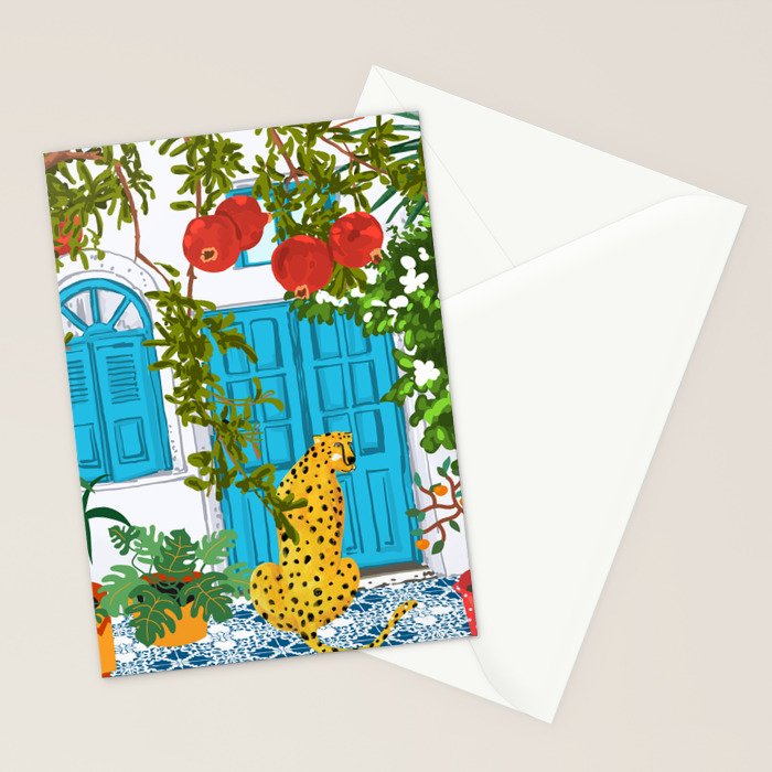 Cheetah Villa Architecture, Tropical Greece Jungle Animals, Botanical White Building & Boho Leopard Stationery Card Gallery Image 2