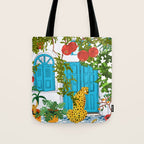 Cheetah Villa Architecture, Tropical Greece Jungle Animals, Botanical White Building & Boho Leopard Tote Bag Gallery Image 1