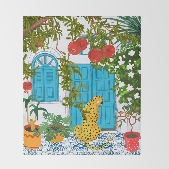 Cheetah Villa Architecture, Tropical Greece Jungle Animals, Botanical White Building & Boho Leopard Throw Blanket Gallery Image 2