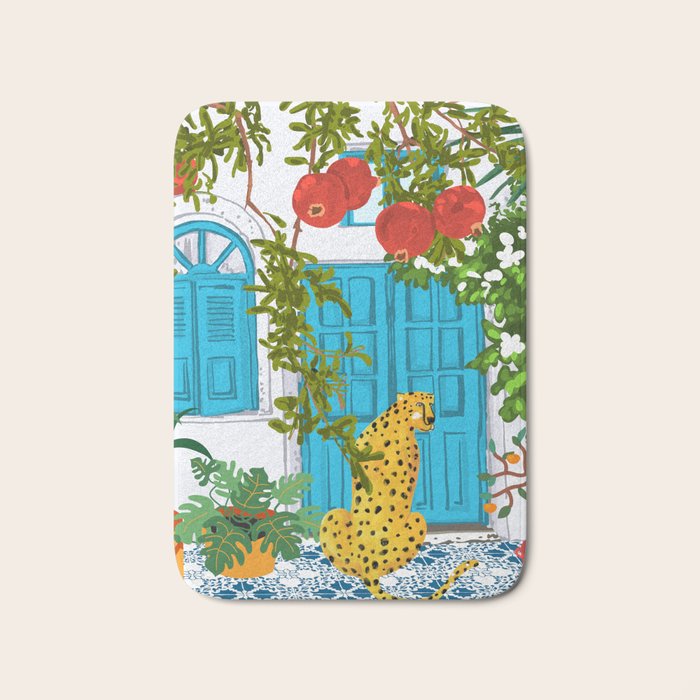 Cheetah Villa Architecture, Tropical Greece Jungle Animals, Botanical White Building & Boho Leopard Bath Mat Gallery Image 1
