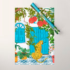 Cheetah Villa Architecture, Tropical Greece Jungle Animals, Botanical White Building & Boho Leopard Wrapping Paper Gallery Image 1