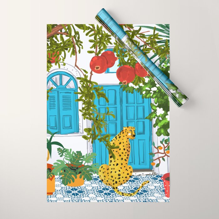 Cheetah Villa Architecture, Tropical Greece Jungle Animals, Botanical White Building & Boho Leopard Wrapping Paper Gallery Image 1