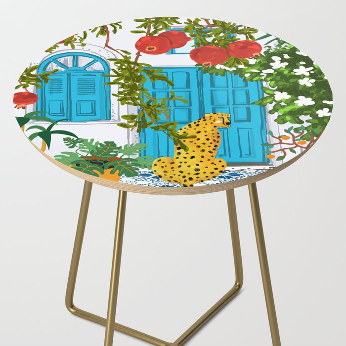 Cheetah Villa Architecture, Tropical Greece Jungle Animals, Botanical White Building & Boho Leopard Side Table Gallery Image 2