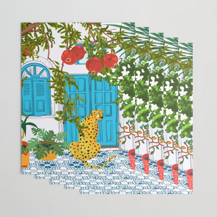 Cheetah Villa Architecture, Tropical Greece Jungle Animals, Botanical White Building & Boho Leopard Wrapping Paper Gallery Image 3