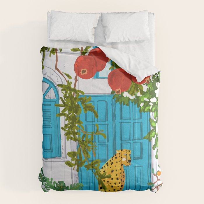 Cheetah Villa Architecture, Tropical Greece Jungle Animals, Botanical White Building & Boho Leopard Comforter Gallery Image 1