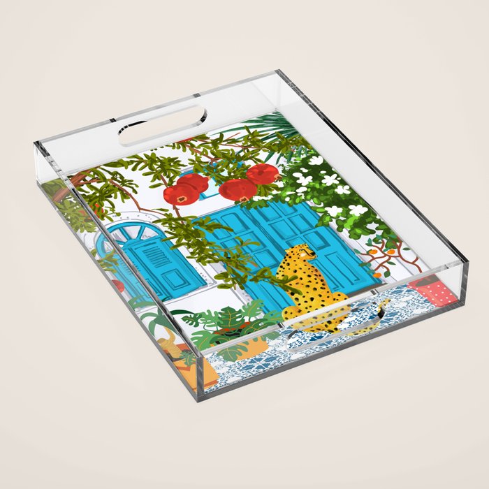 Cheetah Villa Architecture, Tropical Greece Jungle Animals, Botanical White Building & Boho Leopard Acrylic Tray Gallery Image 1