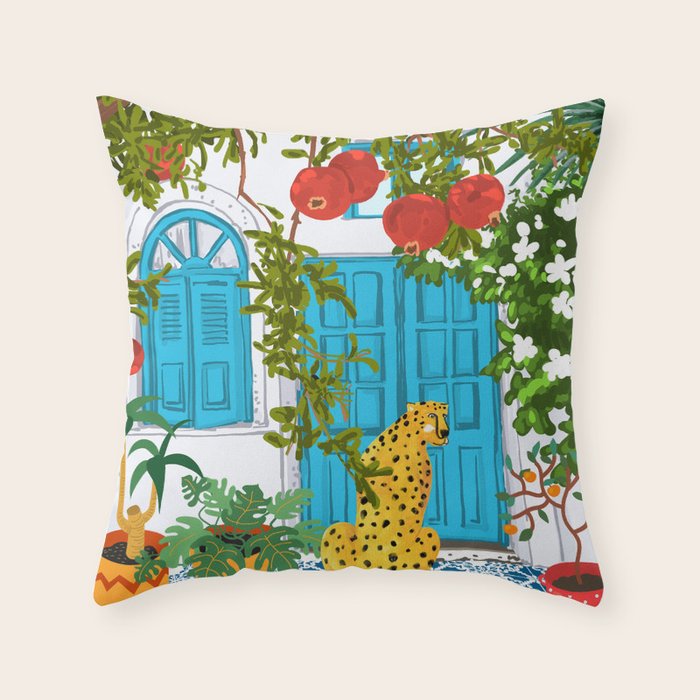 Cheetah Villa Architecture, Tropical Greece Jungle Animals, Botanical White Building & Boho Leopard Throw Pillow Gallery Image 6