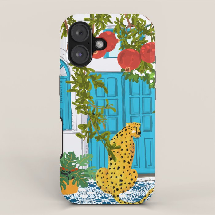 Cheetah Villa Architecture, Tropical Greece Jungle Animals, Botanical White Building & Boho Leopard iPhone Case Gallery Image 1