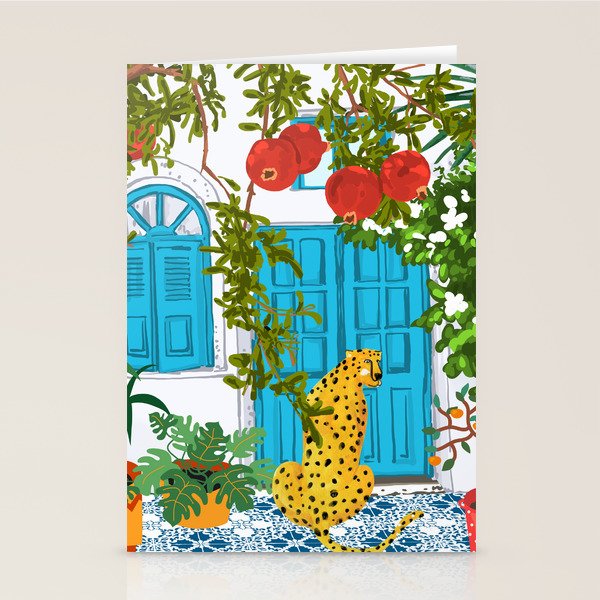 Cheetah Villa Architecture, Tropical Greece Jungle Animals, Botanical White Building & Boho Leopard Stationery Card Gallery Image 1