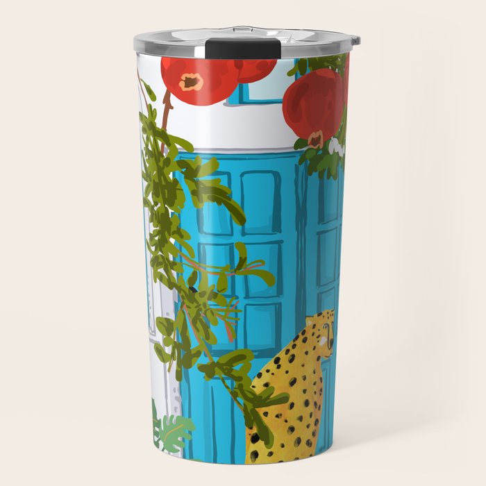 Cheetah Villa Architecture, Tropical Greece Jungle Animals, Botanical White Building & Boho Leopard Travel Mug Gallery Image 1