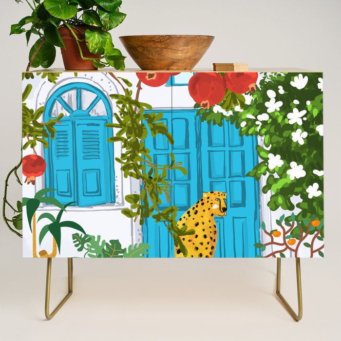 Cheetah Villa Architecture, Tropical Greece Jungle Animals, Botanical White Building & Boho Leopard Credenza Gallery Image 1