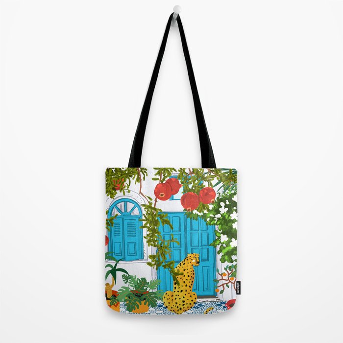 Cheetah Villa Architecture, Tropical Greece Jungle Animals, Botanical White Building & Boho Leopard Tote Bag Gallery Image 2
