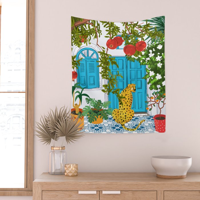 Cheetah Villa Architecture, Tropical Greece Jungle Animals, Botanical White Building & Boho Leopard Wall Tapestry Gallery Image 2
