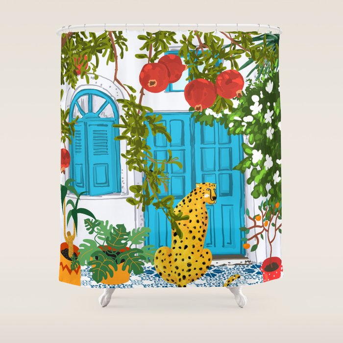 Cheetah Villa Architecture, Tropical Greece Jungle Animals, Botanical White Building & Boho Leopard Shower Curtain Gallery Image 1