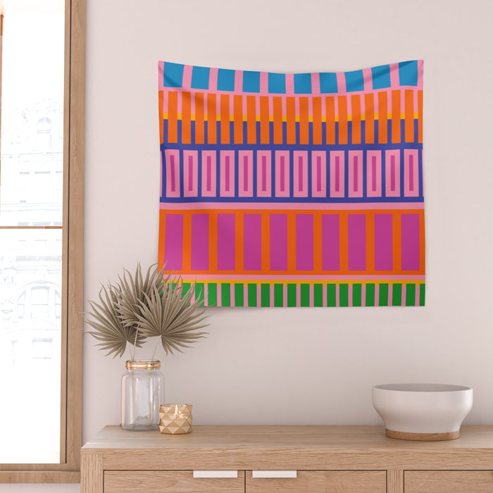Colorful and Bold Block Stripe Pattern in Pink Orange Blue Green Wall Tapestry Gallery Image 2