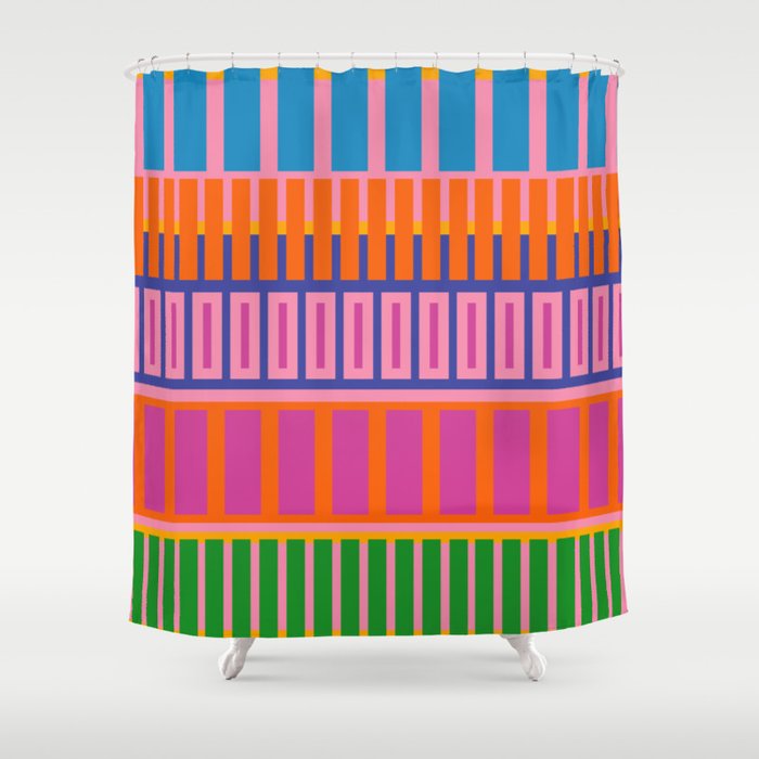 Colorful and Bold Block Stripe Pattern in Pink Orange Blue Green Shower Curtain Gallery Image 1