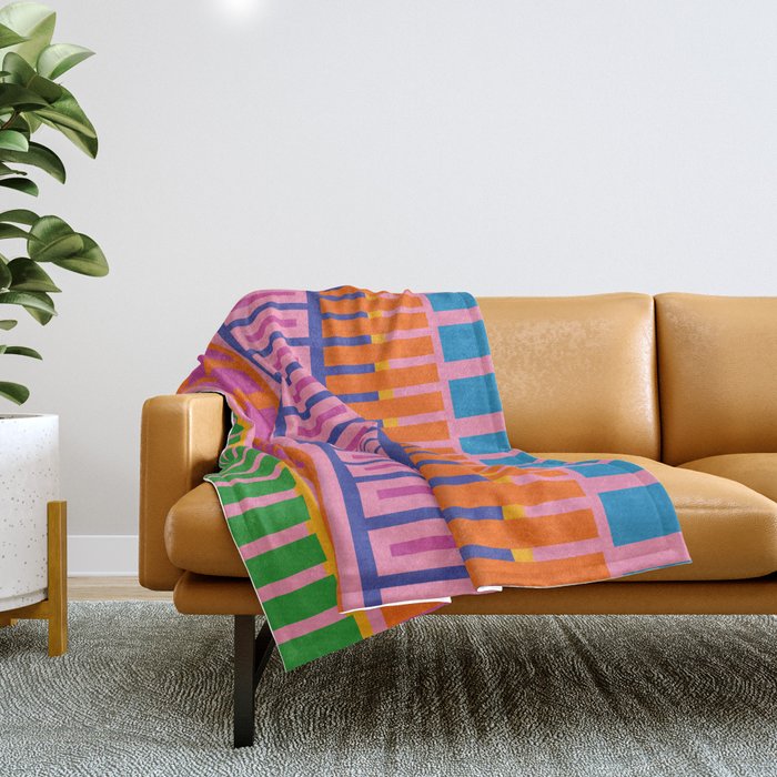 Colorful and Bold Block Stripe Pattern in Pink Orange Blue Green Throw Blanket Gallery Image 1