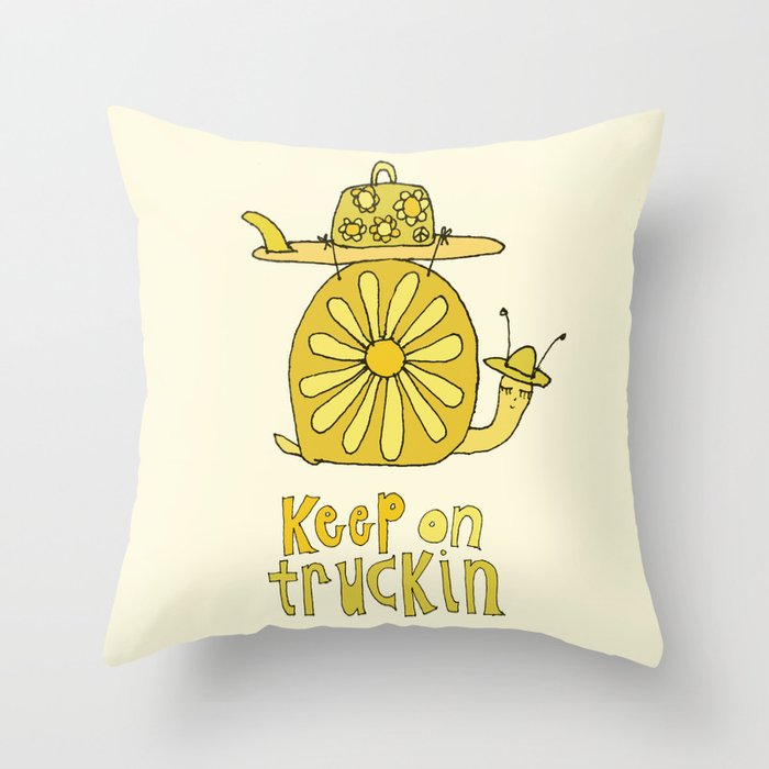 keep on truckin surfy snail // retro surf art by surfy birdy Throw Pillow Gallery Image 1
