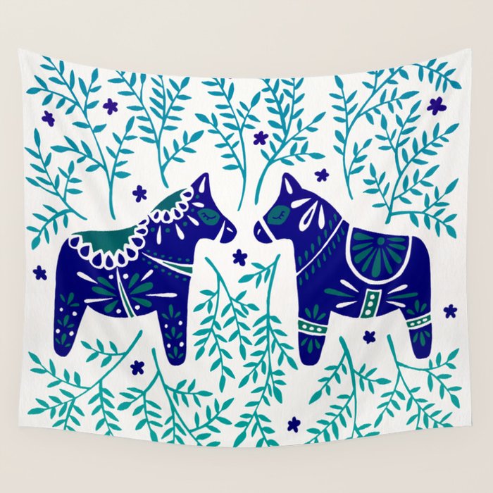 Swedish Dala Horses - Navy & Blue Palette Wall Tapestry Gallery Image 4
