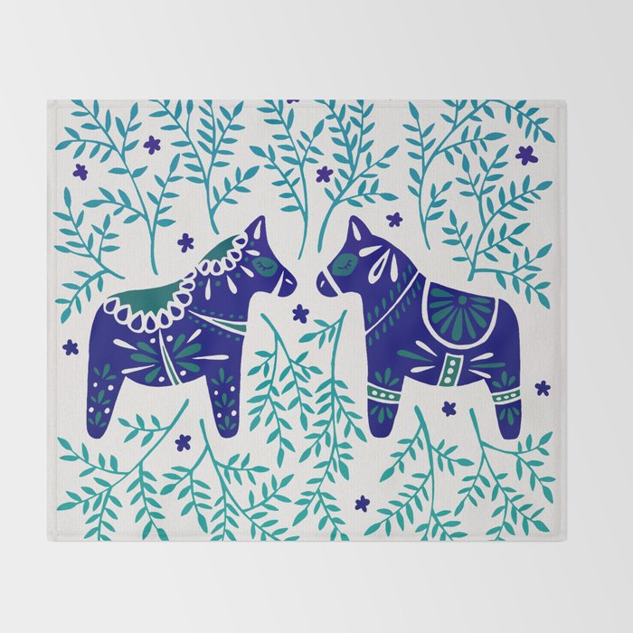 Swedish Dala Horses - Navy & Blue Palette Throw Blanket Gallery Image 2