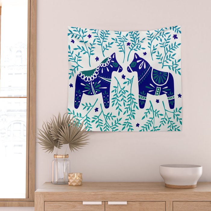 Swedish Dala Horses - Navy & Blue Palette Wall Tapestry Gallery Image 2