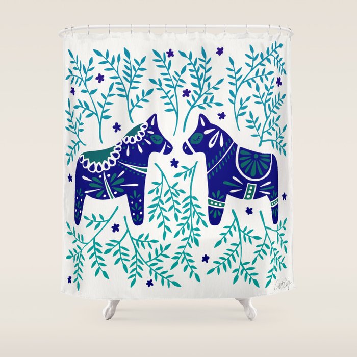 Swedish Dala Horses - Navy & Blue Palette Shower Curtain Gallery Image 1