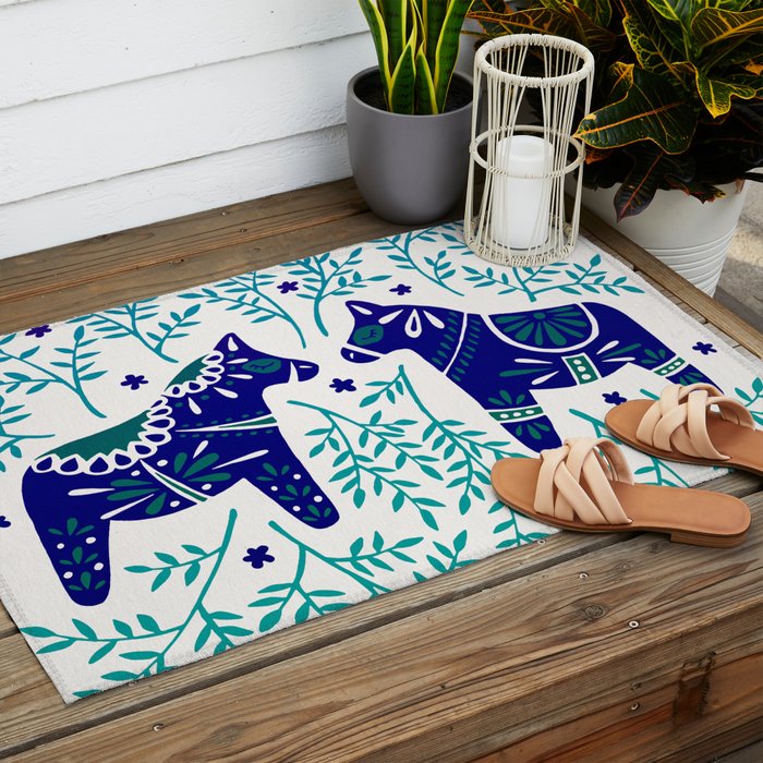 Swedish Dala Horses - Navy & Blue Palette Outdoor Rug Gallery Image 2