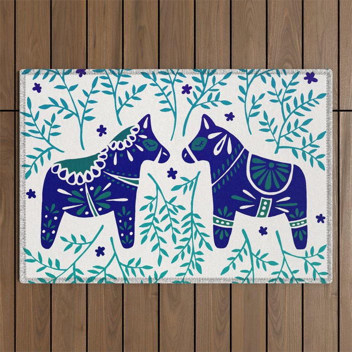 Swedish Dala Horses - Navy & Blue Palette Outdoor Rug Gallery Image 1