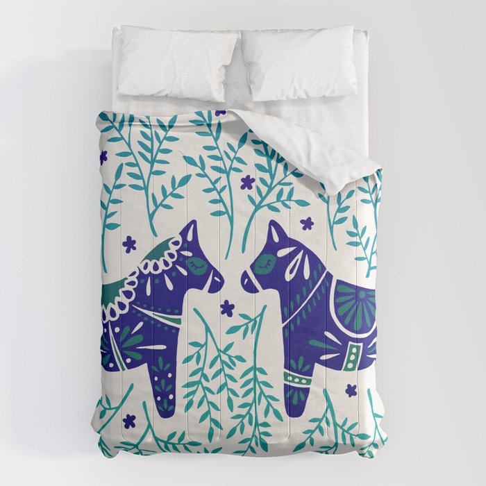 Swedish Dala Horses - Navy & Blue Palette Comforter Gallery Image 1