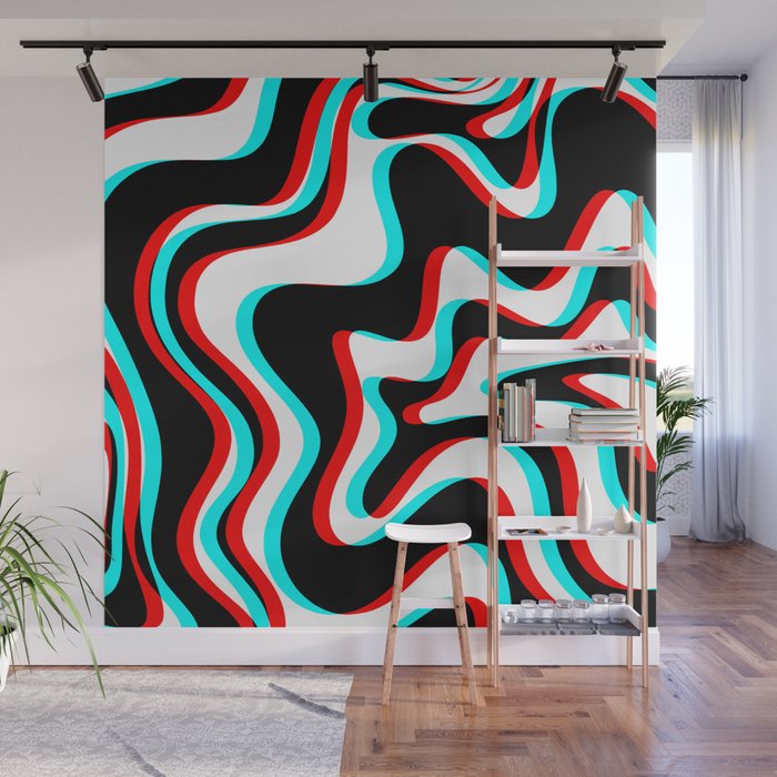 Trippy Glitch Retro Liquid Swirl Abstract Pattern Black White Red Cyan Wall Mural Gallery Image 1