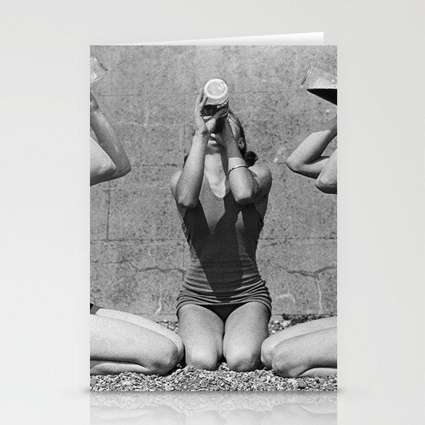 What the girls drink when the guys aren't looking - three girlfriends drinking at the beach black and white photograph Stationery Card Gallery Image 1