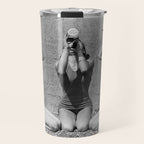 What the girls drink when the guys aren't looking - three girlfriends drinking at the beach black and white photograph Travel Mug Gallery Image 1