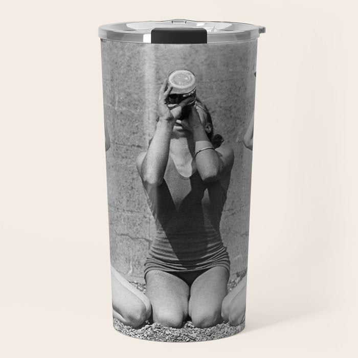What the girls drink when the guys aren't looking - three girlfriends drinking at the beach black and white photograph Travel Mug Gallery Image 1