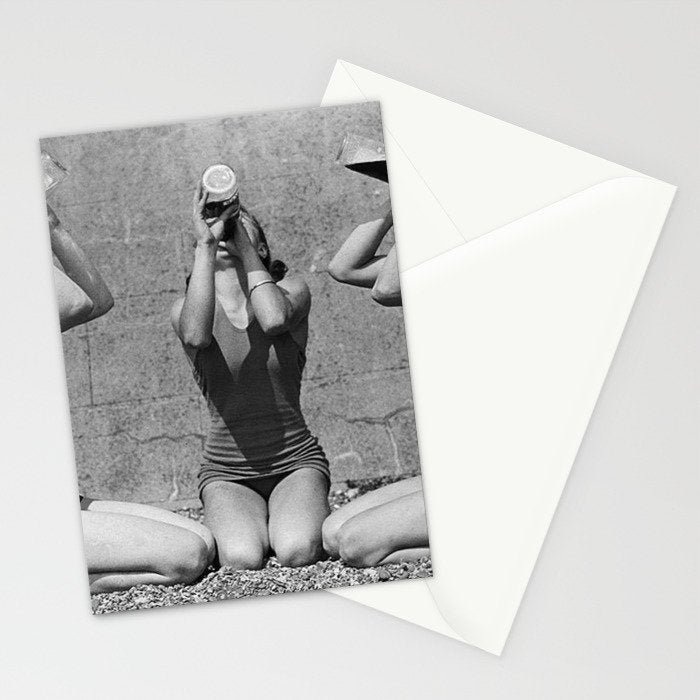 What the girls drink when the guys aren't looking - three girlfriends drinking at the beach black and white photograph Stationery Card Gallery Image 2