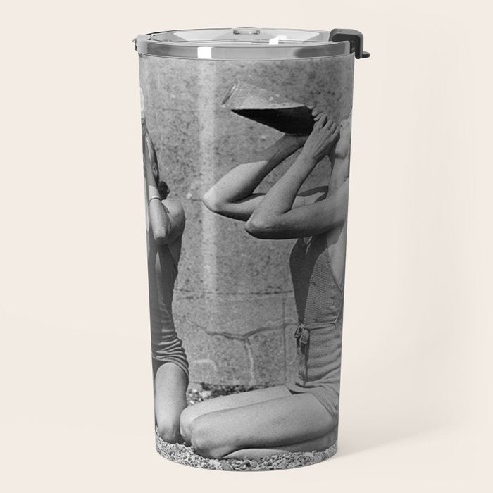 What the girls drink when the guys aren't looking - three girlfriends drinking at the beach black and white photograph Travel Mug Gallery Image 2