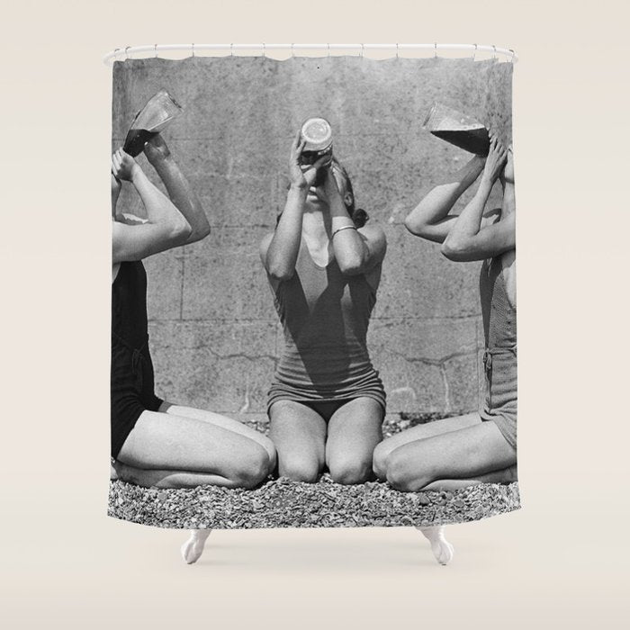 What the girls drink when the guys aren't looking - three girlfriends drinking at the beach black and white photograph Shower Curtain Gallery Image 1