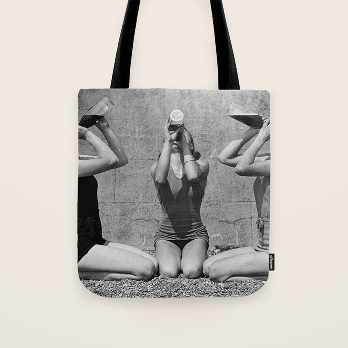 What the girls drink when the guys aren't looking - three girlfriends drinking at the beach black and white photograph Tote Bag Gallery Image 1