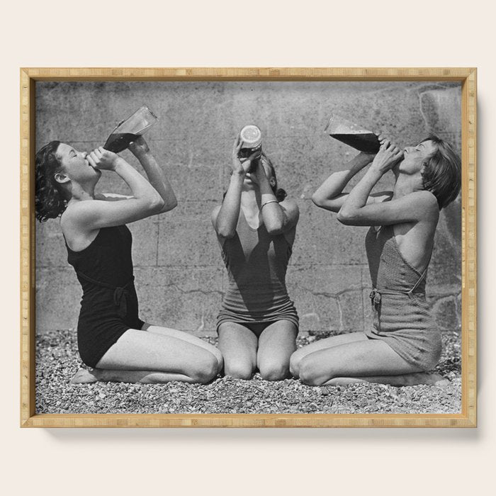 What the girls drink when the guys aren't looking - three girlfriends drinking at the beach black and white photograph Serving Tray Gallery Image 1
