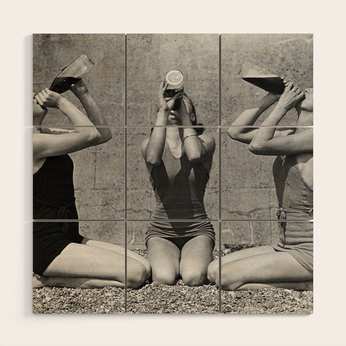 What the girls drink when the guys aren't looking - three girlfriends drinking at the beach black and white photograph Wood Wall Art Gallery Image 1