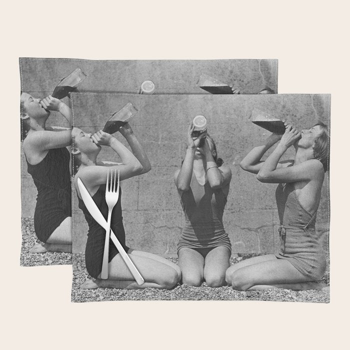 What the girls drink when the guys aren't looking - three girlfriends drinking at the beach black and white photograph Placemat Gallery Image 1